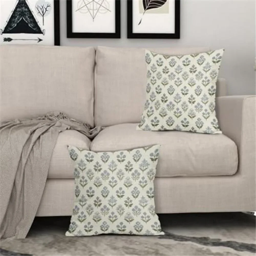 Blue Green Print Pillow Covers 18x18 Set of 2 Vintage Floral Spring NO INSERT